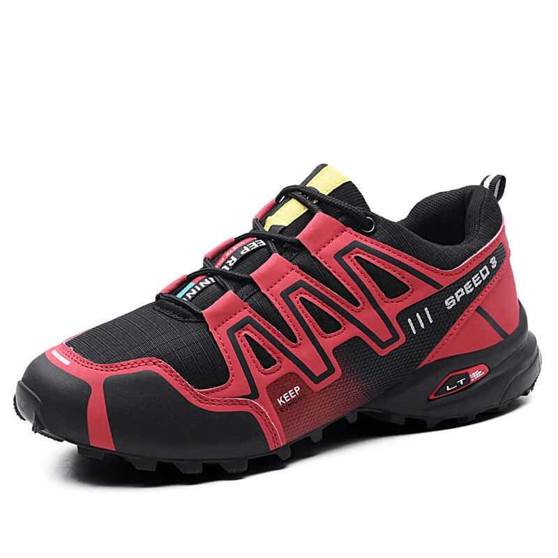 Red and black waterproof non-slip men's sneakers with lace-up design, perfect for sports and casual wear.